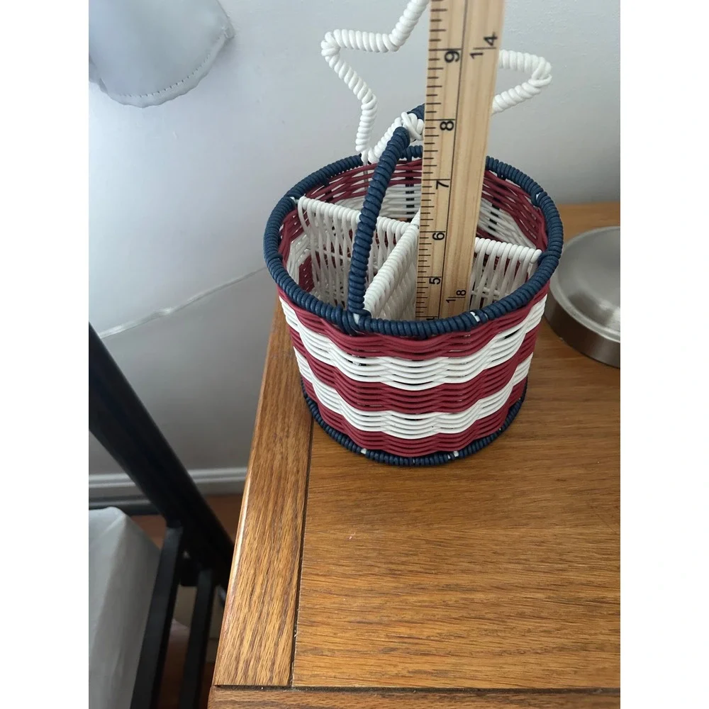 Patriotic Red White Blue Woven Utensil Caddy Star Handle 4 Compartment Basket